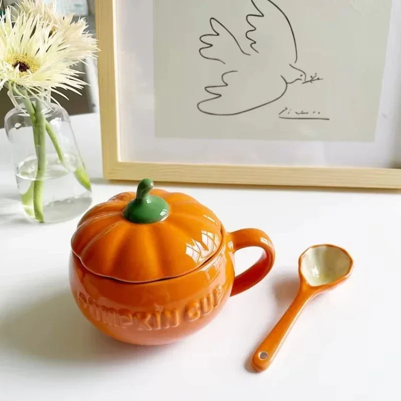 Pumpkin Mug Ceramic with Lid with Spoon Coffee Cups