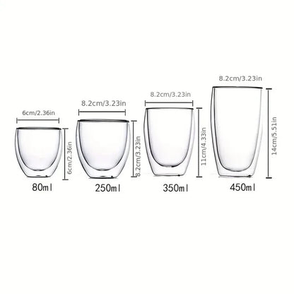 80/250/450ml Double-Wall Insulated Clear Glass Espresso Cups Perfect for Tea, Coffee, Latte, Cafe, Milk, Restaurant Use