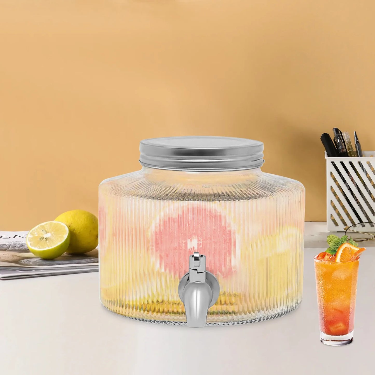 iced Beverage Dispenser 2.8L DIY Beverage Clear Glass Combined with Tap, Suitable for Refrigerators