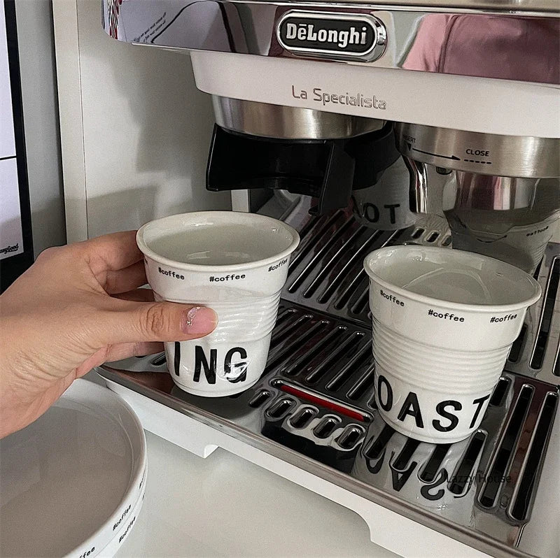 6.7oz Korean Style Cups and Mugs Coffee Mug White Ceramic Nordic Wrinkle Cup 200ml Drinking Coffe Tumbler English Letter