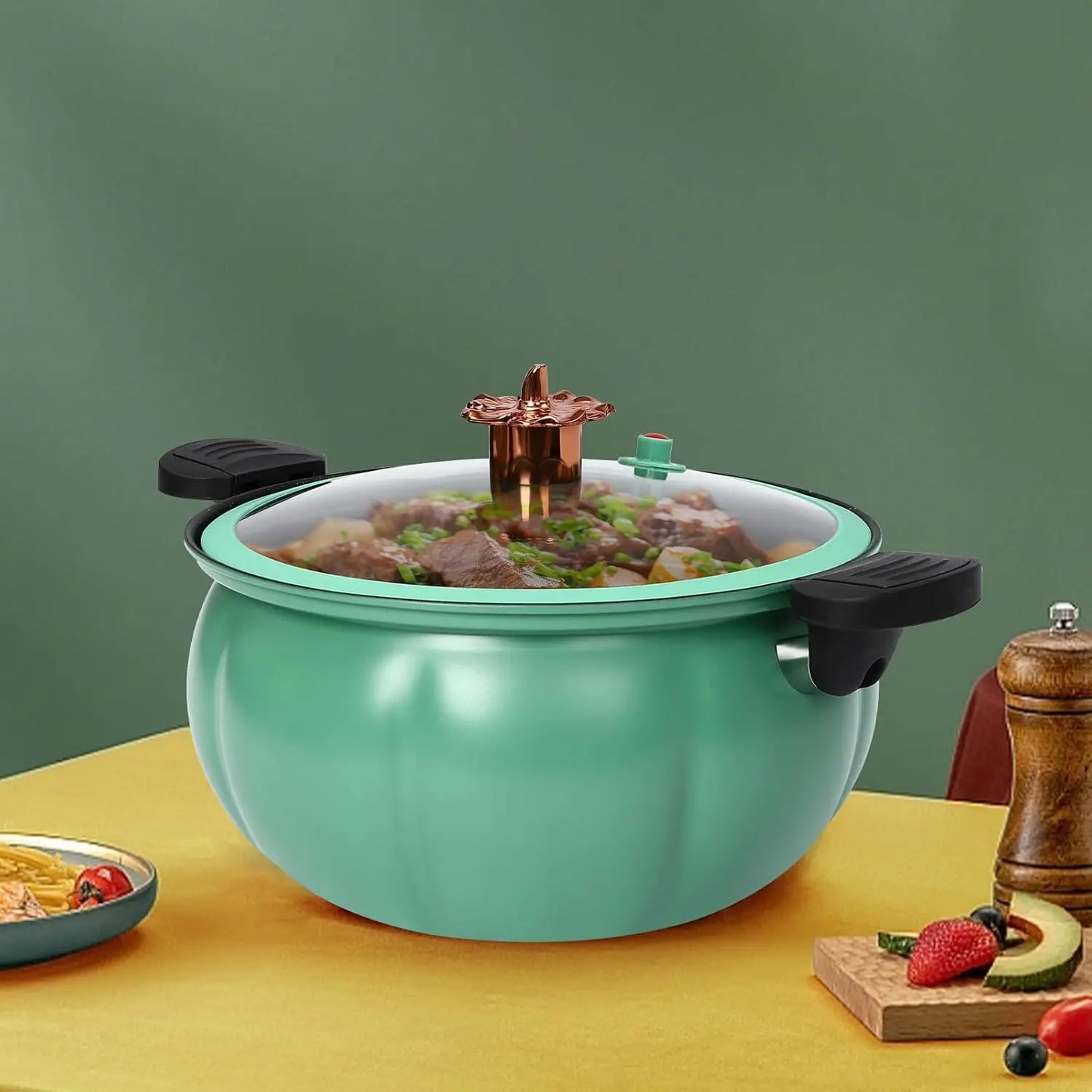 Mini Pressure Cooker,8L Multi-Function Pressure Cooking Pot,Pumpkin-Shaped Double-Handle Pressure Cooker,Dishwasher Safe (Green)