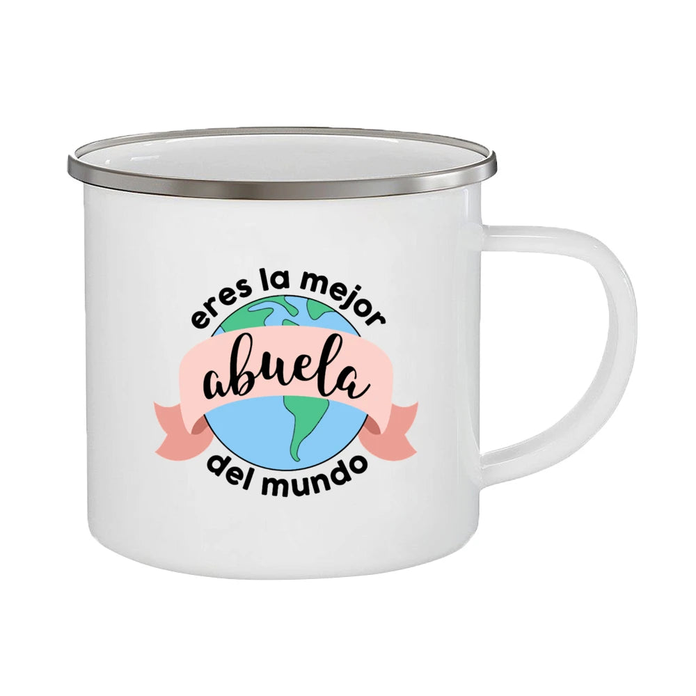Best Grandmother in The World Spanish Print Enamel Coffee Mug Drinks Milk Cup Camping Mugs Best Birthday Holiday Gift for Abuela