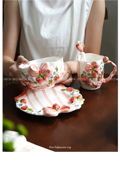 Vintage Berry Floral Bow Coffee Mug Set Creative Ceramic Tea Cup