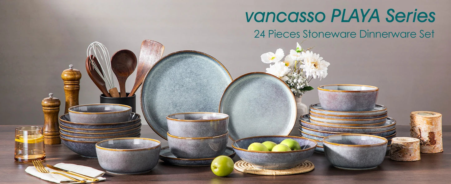 Grey-Blue Reactive Glaze Stoneware Plates Set