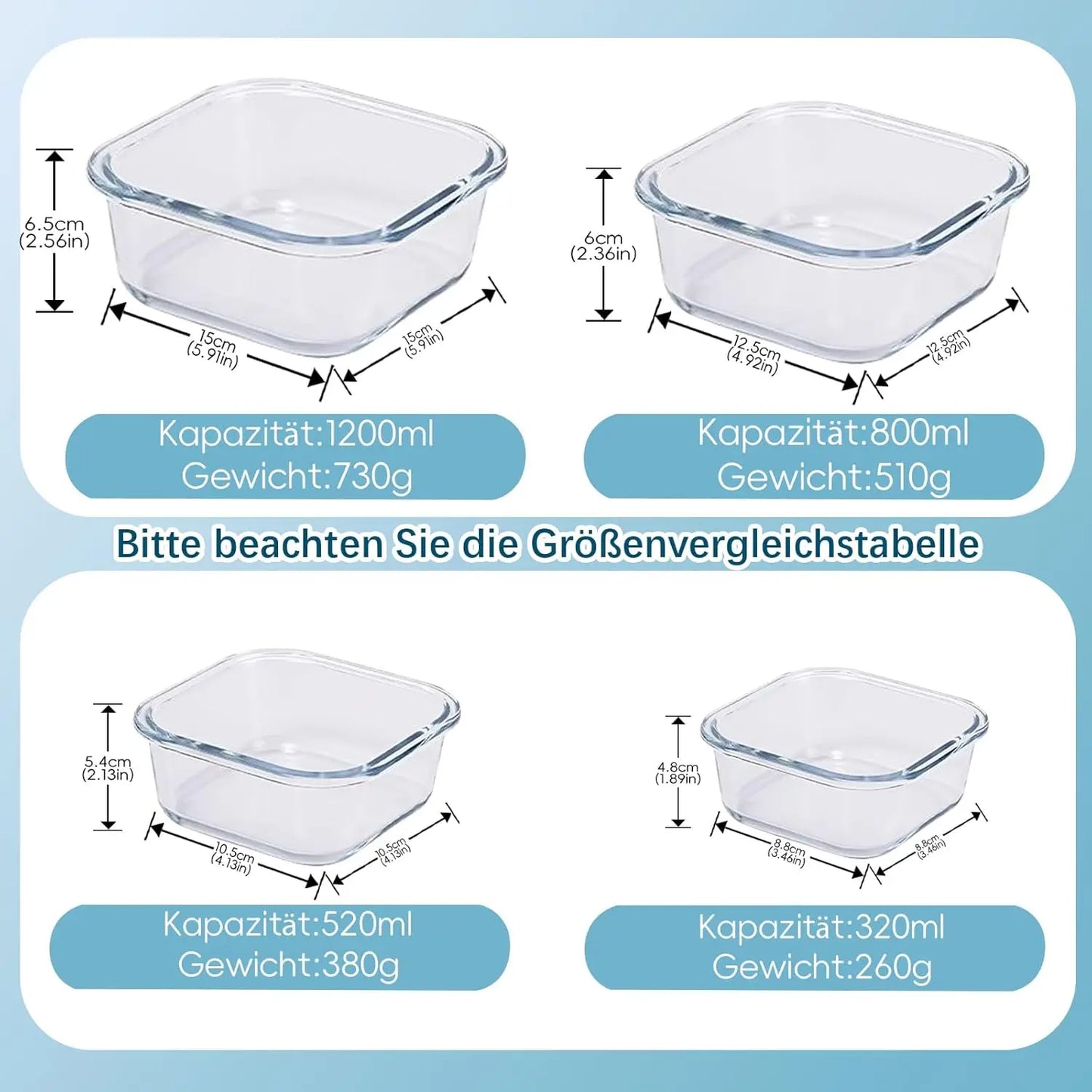 SAEIV Set of glass food storage containers with lids, airtight and leak-proof, 320/800 ml, airtight food storage containers