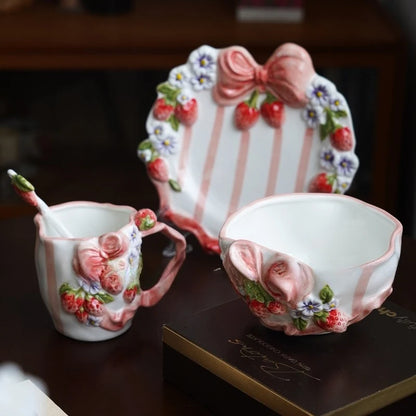 Vintage Berry Floral Bow Coffee Mug Set Creative Ceramic Tea Cup