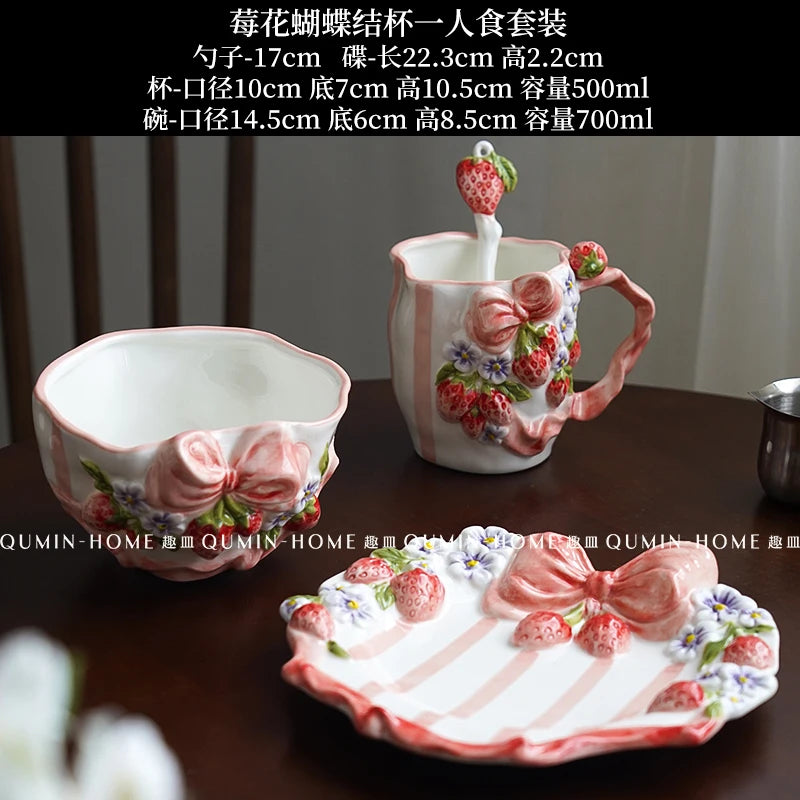 Vintage Berry Floral Bow Coffee Mug Set Creative Ceramic Tea Cup