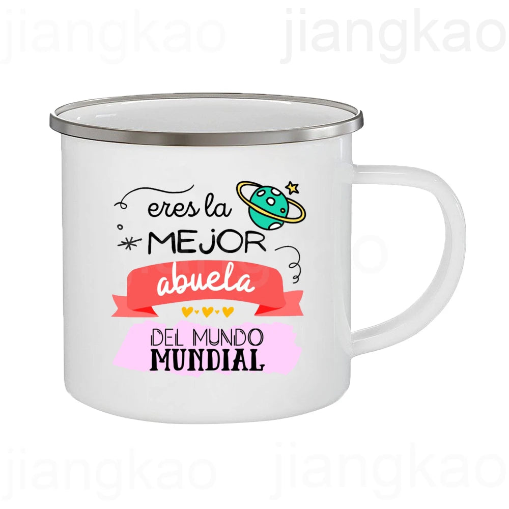 Best Grandmother in The World Spanish Print Enamel Coffee Mug Drinks Milk Cup Camping Mugs Best Birthday Holiday Gift for Abuela