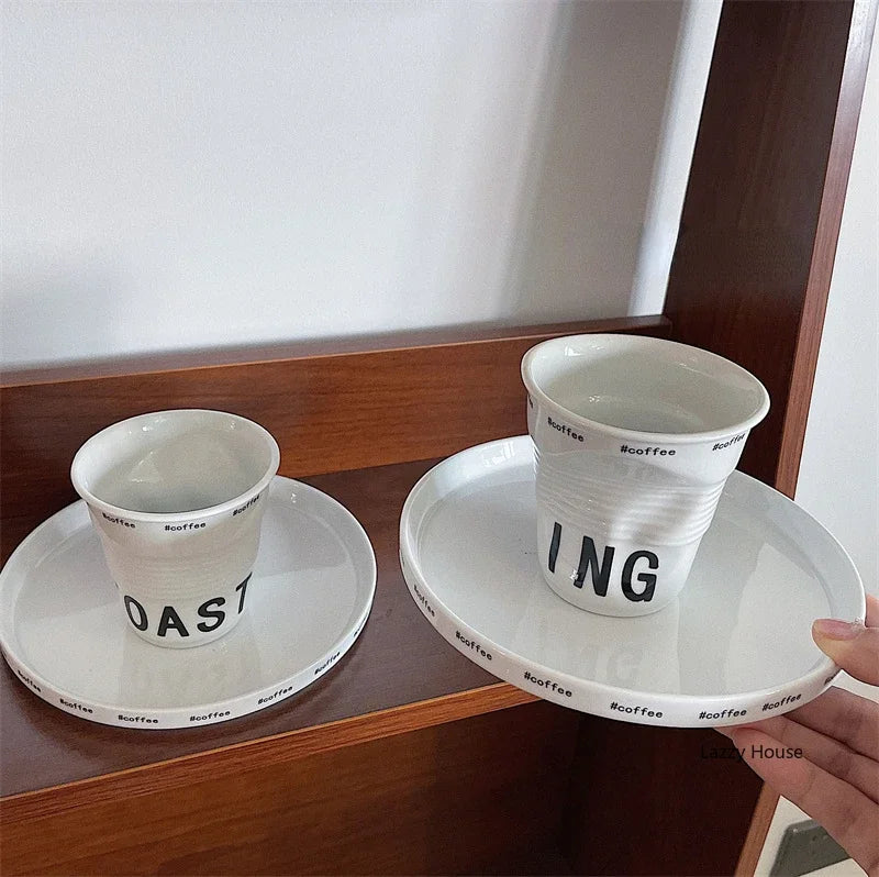 6.7oz Korean Style Cups and Mugs Coffee Mug White Ceramic Nordic Wrinkle Cup 200ml Drinking Coffe Tumbler English Letter