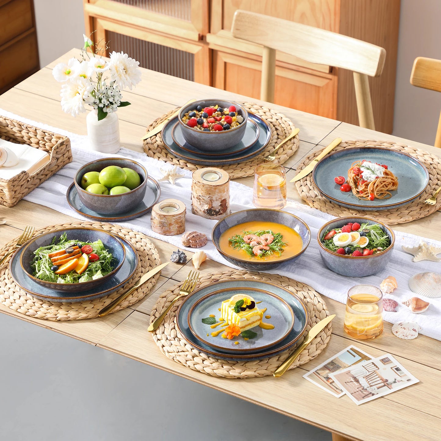 Grey-Blue Reactive Glaze Stoneware Plates Set