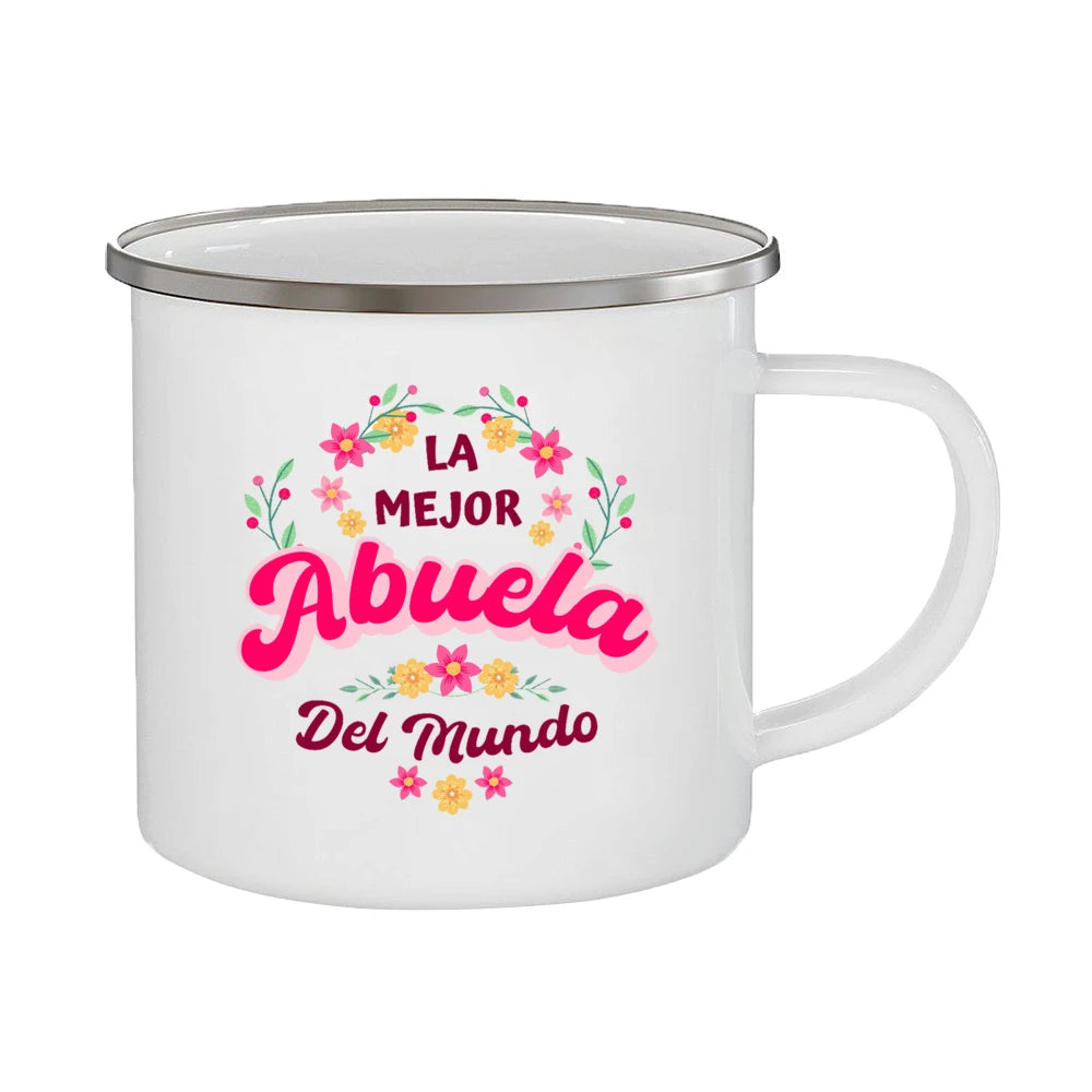 Best Grandmother in The World Spanish Print Enamel Coffee Mug Drinks Milk Cup Camping Mugs Best Birthday Holiday Gift for Abuela