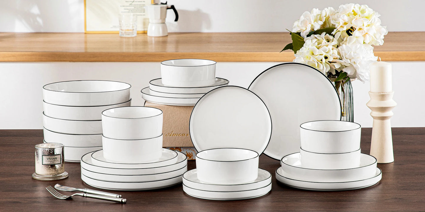 MALACASA 12/16/18/24 Piece Dinner Plates Sets Black Rim Half standing edge Dinnerwar with 4/6PCS Dinner Plate/Dessert/Soup/Bowl