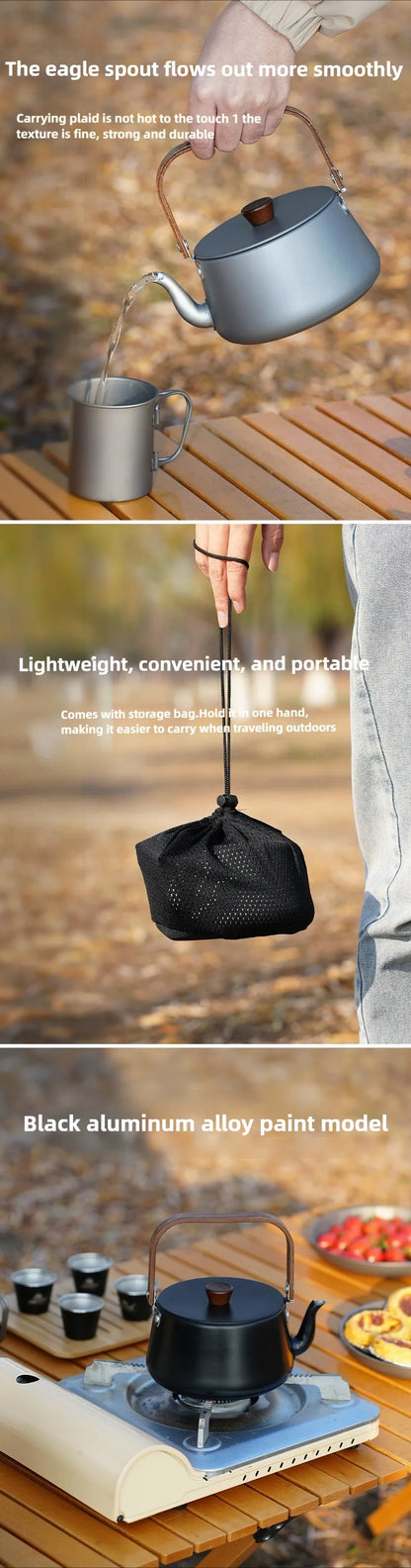 ISE MOUNT Outdoor Aluminum Alloy Kettle Teapot Camping Cookware Portable 1.1L Wooden Handle Coffee Pot