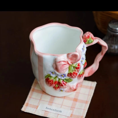 Vintage Berry Floral Bow Coffee Mug Set Creative Ceramic Tea Cup