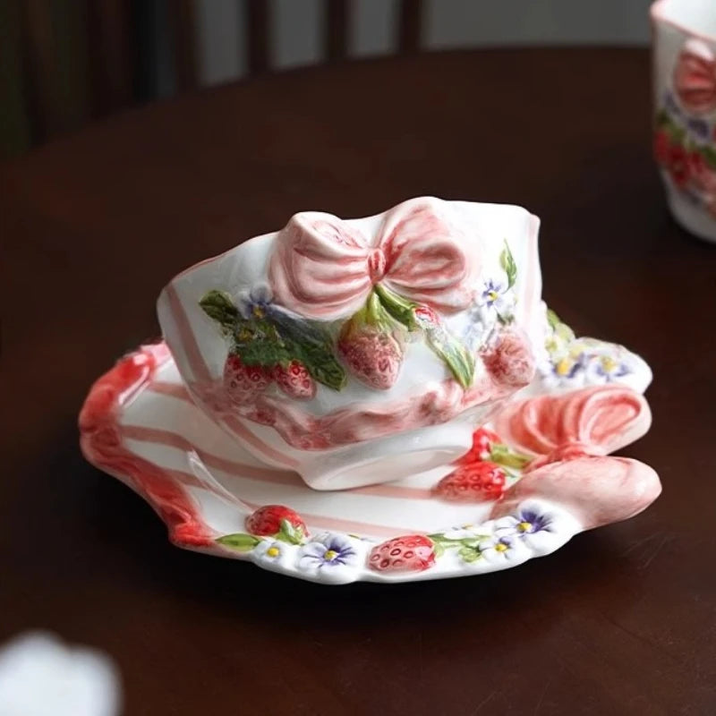 Vintage Berry Floral Bow Coffee Mug Set Creative Ceramic Tea Cup