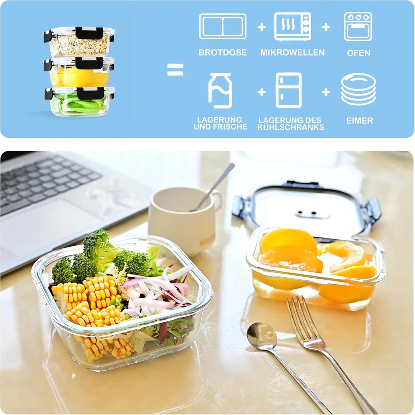 SAEIV Set of glass food storage containers with lids, airtight and leak-proof, 320/800 ml, airtight food storage containers