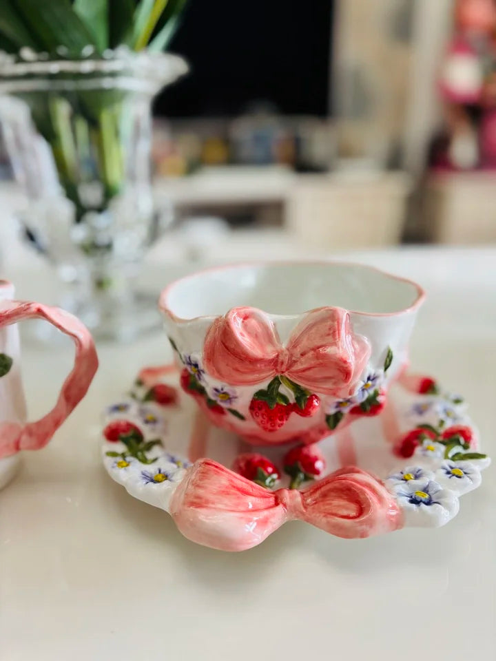 Vintage Berry Floral Bow Coffee Mug Set Creative Ceramic Tea Cup