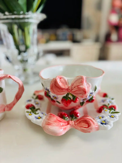 Vintage Berry Floral Bow Coffee Mug Set Creative Ceramic Tea Cup