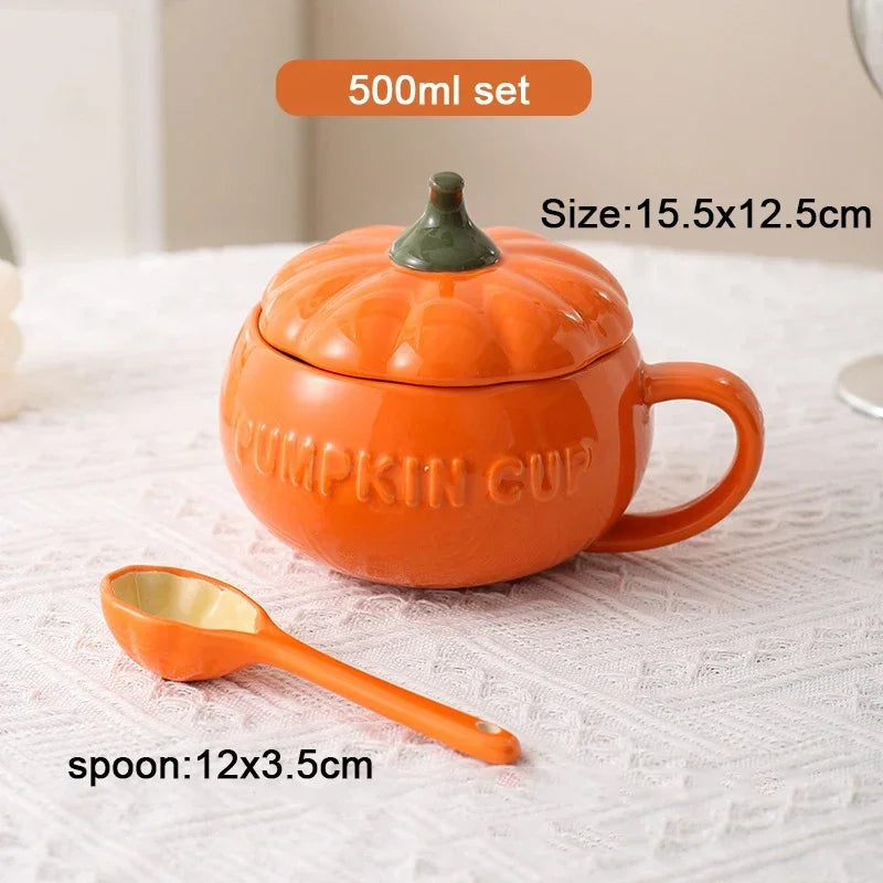 Pumpkin Mug Ceramic with Lid with Spoon Coffee Cups