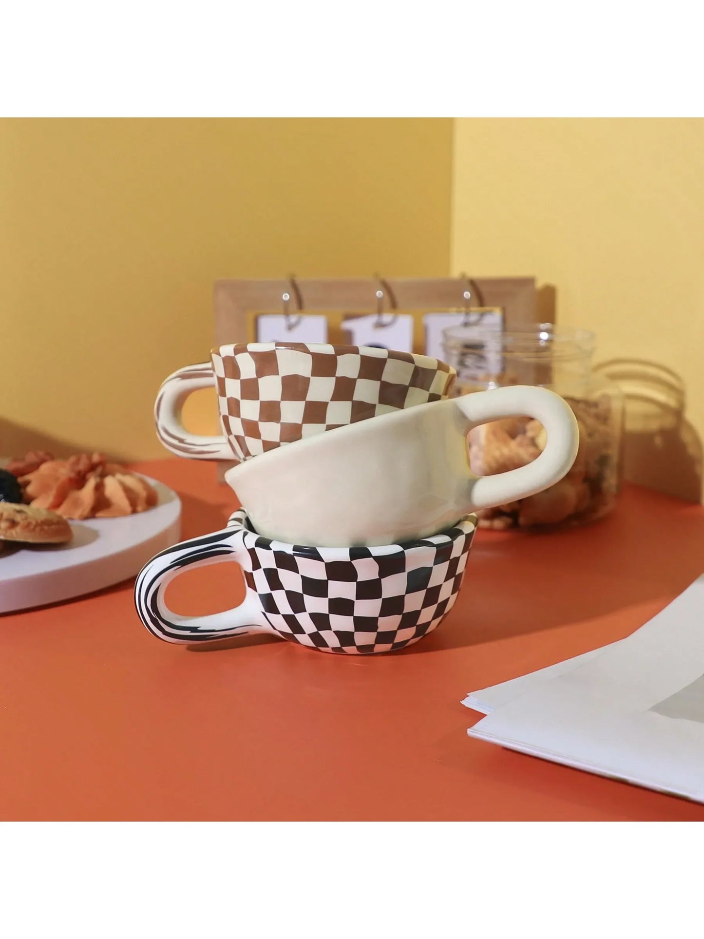 1pc-Creative Ceramic Checkered Pattern Tea Cup Irregular Chessboard Coffee Cup