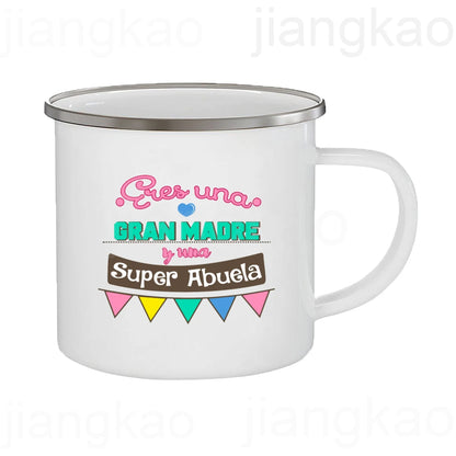 Best Grandmother in The World Spanish Print Enamel Coffee Mug Drinks Milk Cup Camping Mugs Best Birthday Holiday Gift for Abuela