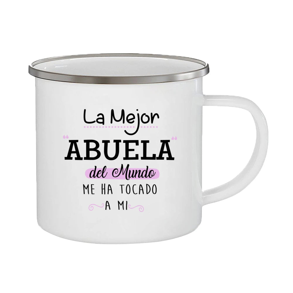 Best Grandmother in The World Spanish Print Enamel Coffee Mug Drinks Milk Cup Camping Mugs Best Birthday Holiday Gift for Abuela
