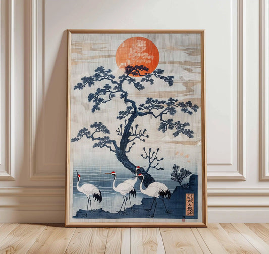 Japanese Crane Poster, Vintage Ukiyo-e Wall Art, Red Sun and Pine Tree Print, Traditional Japanese Artwork, Oriental Home Decor
