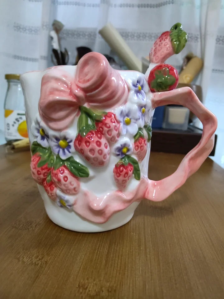 Vintage Berry Floral Bow Coffee Mug Set Creative Ceramic Tea Cup
