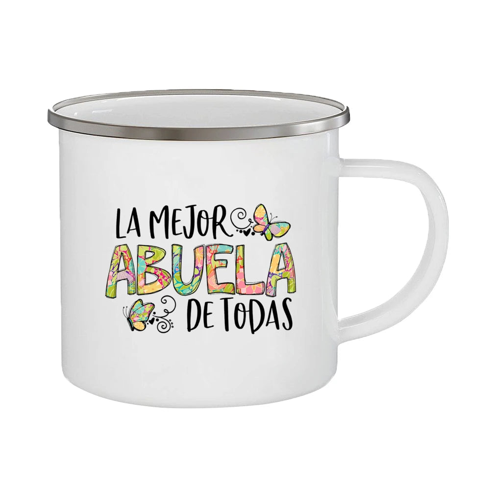 Best Grandmother in The World Spanish Print Enamel Coffee Mug Drinks Milk Cup Camping Mugs Best Birthday Holiday Gift for Abuela