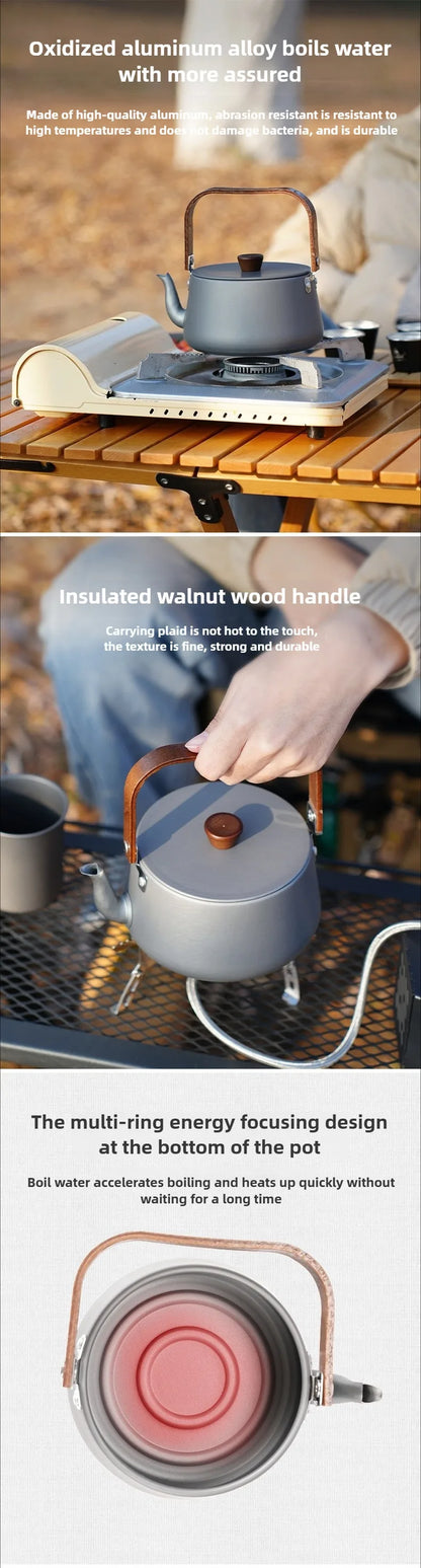 ISE MOUNT Outdoor Aluminum Alloy Kettle Teapot Camping Cookware Portable 1.1L Wooden Handle Coffee Pot