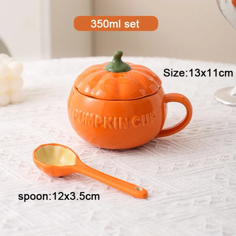Pumpkin Mug Ceramic with Lid with Spoon Coffee Cups