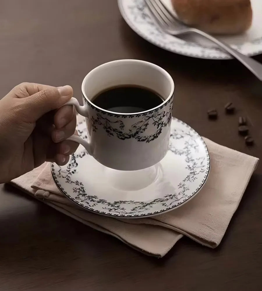French retro floral imitation ceramic coffee cup and plate