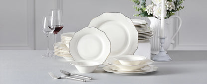 MALACASA 16/32-PIECE Nordic European Golden Rim White Porcelain Tableware Set with Bowl,Dinner&Dessert&Soup Plate Set for 4/8