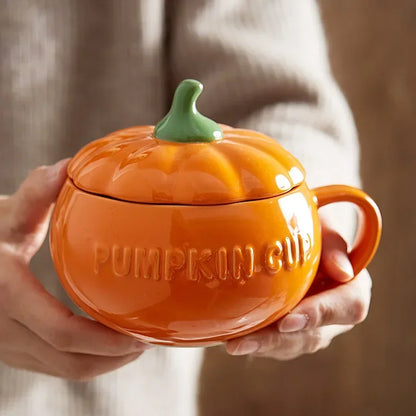 Pumpkin Mug Ceramic with Lid with Spoon Coffee Cups
