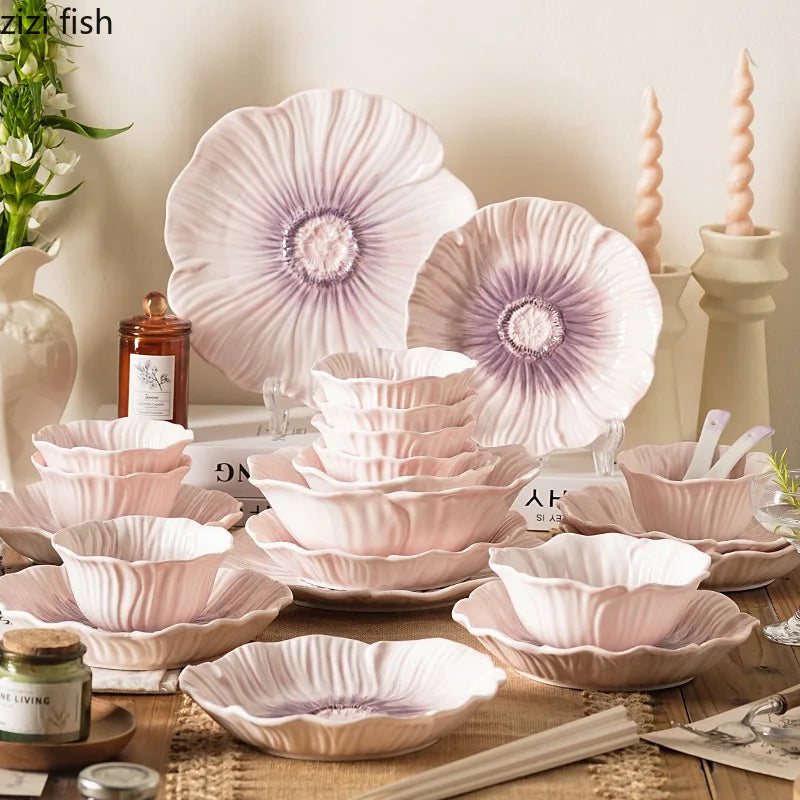 Relief Purple Floral Ceramic Plate Dessert Plate Pasta Dish Soup Bowl Salad Bowl Snack Bowl Molecular Cuisine Creative Tableware