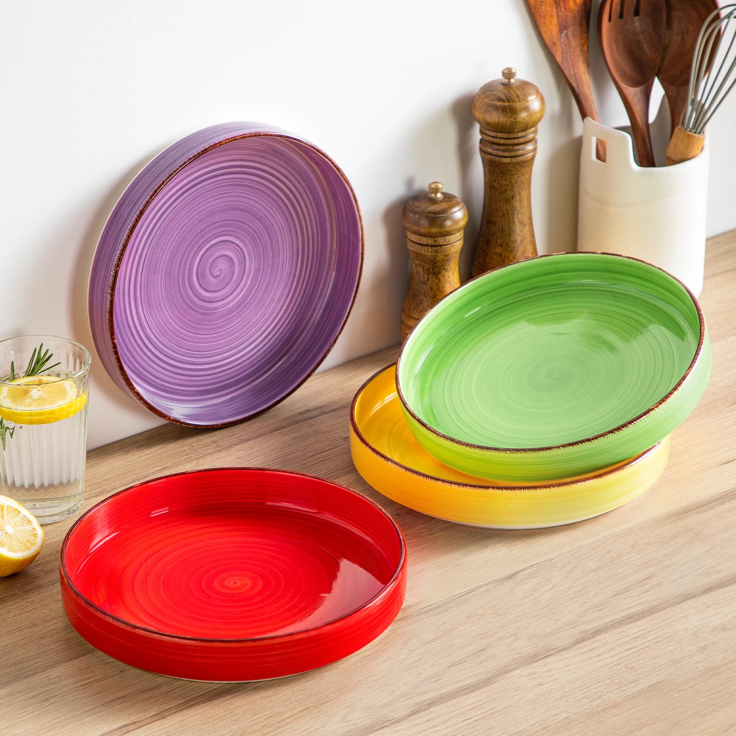 vancasso 4/8 Piece Large Pasta Plate Blue Multicolor Handpainted Spiral Tableware Set 380ML for Fruit/Cereal/Ramen Bowl for 4