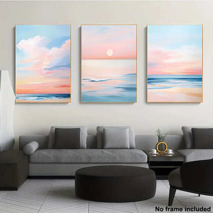 3pcs, 2D Frameless Canvas Art Set, Three-Piece Living Room Decor, Pastel Sunset Beach Coastal Ocean Painting Poster with Blus