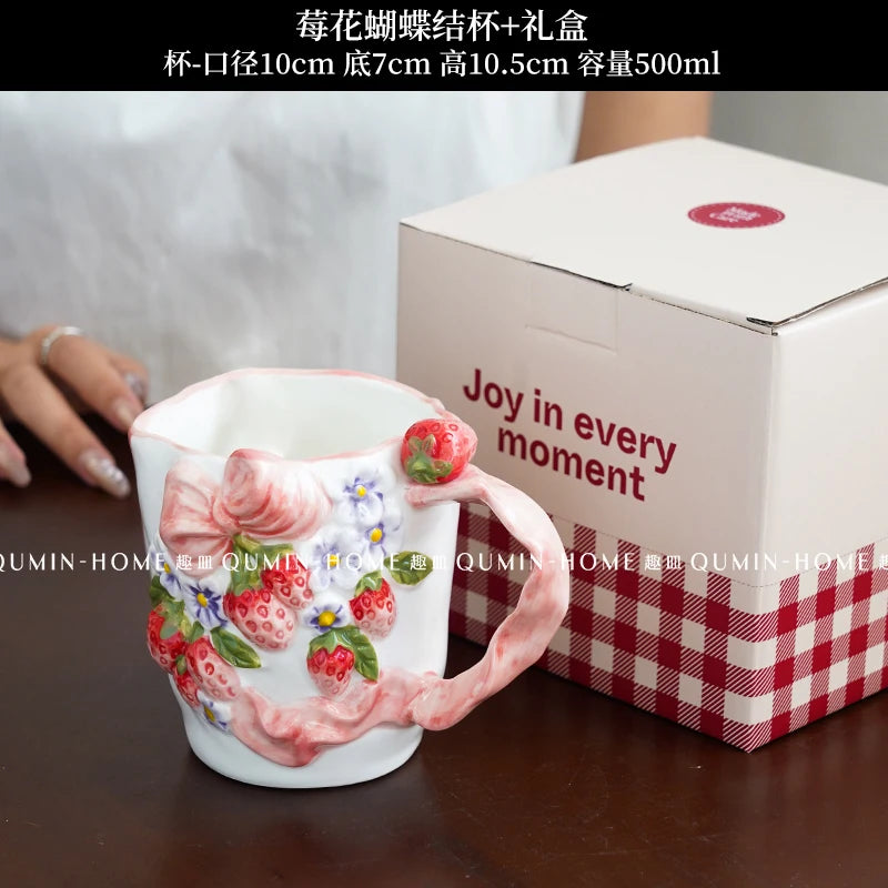 Vintage Berry Floral Bow Coffee Mug Set Creative Ceramic Tea Cup