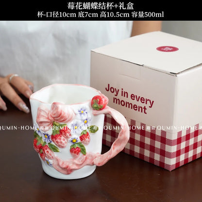 Vintage Berry Floral Bow Coffee Mug Set Creative Ceramic Tea Cup