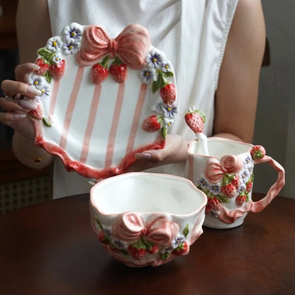 Vintage Berry Floral Bow Coffee Mug Set Creative Ceramic Tea Cup
