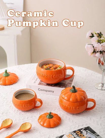 Pumpkin Mug Ceramic with Lid with Spoon Coffee Cups