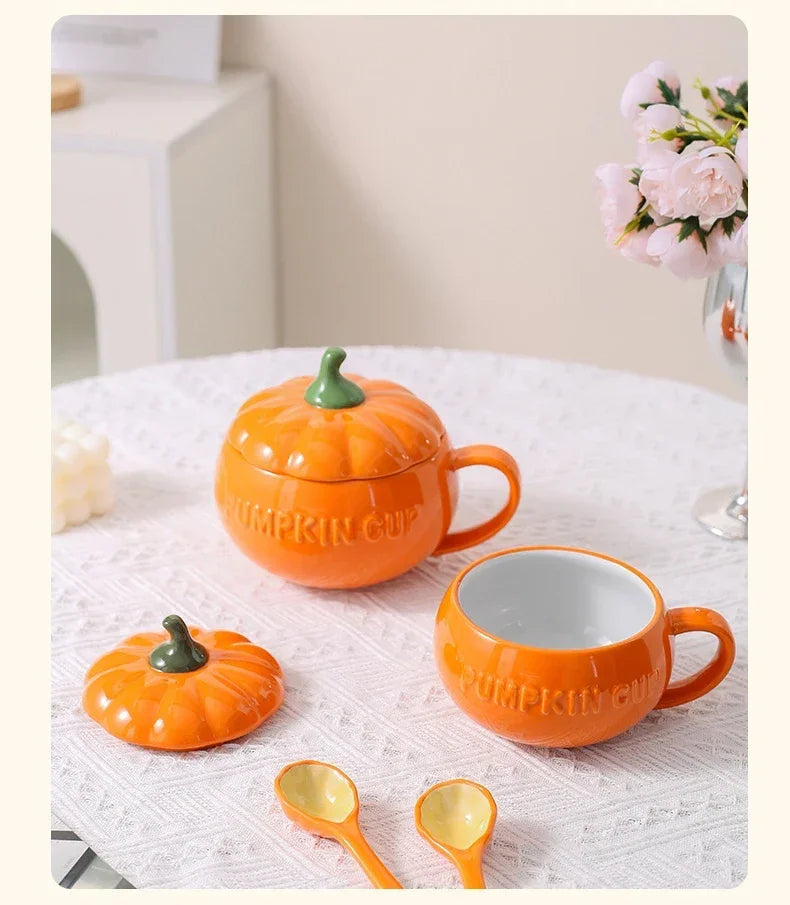 Pumpkin Mug Ceramic with Lid with Spoon Coffee Cups