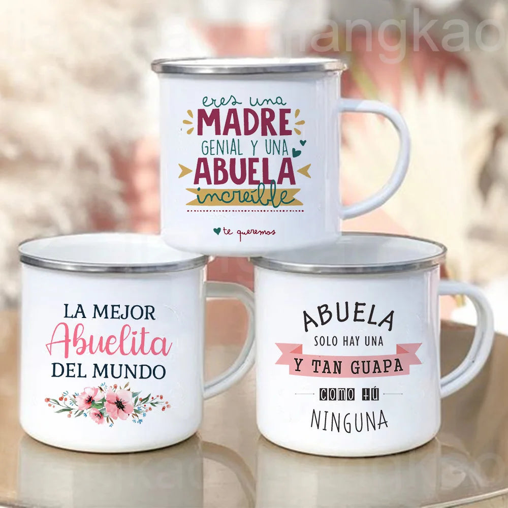 Best Grandmother in The World Spanish Print Enamel Coffee Mug Drinks Milk Cup Camping Mugs Best Birthday Holiday Gift for Abuela