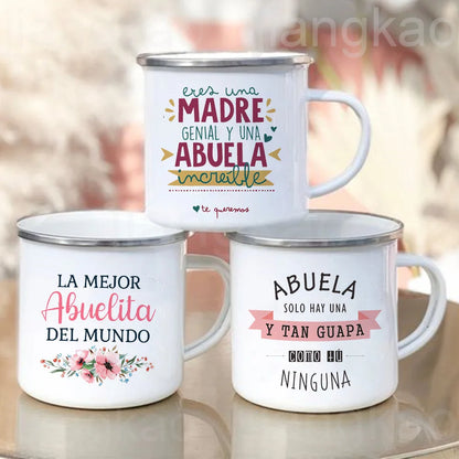 Best Grandmother in The World Spanish Print Enamel Coffee Mug Drinks Milk Cup Camping Mugs Best Birthday Holiday Gift for Abuela