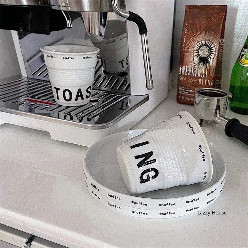 6.7oz Korean Style Cups and Mugs Coffee Mug White Ceramic Nordic Wrinkle Cup 200ml Drinking Coffe Tumbler English Letter