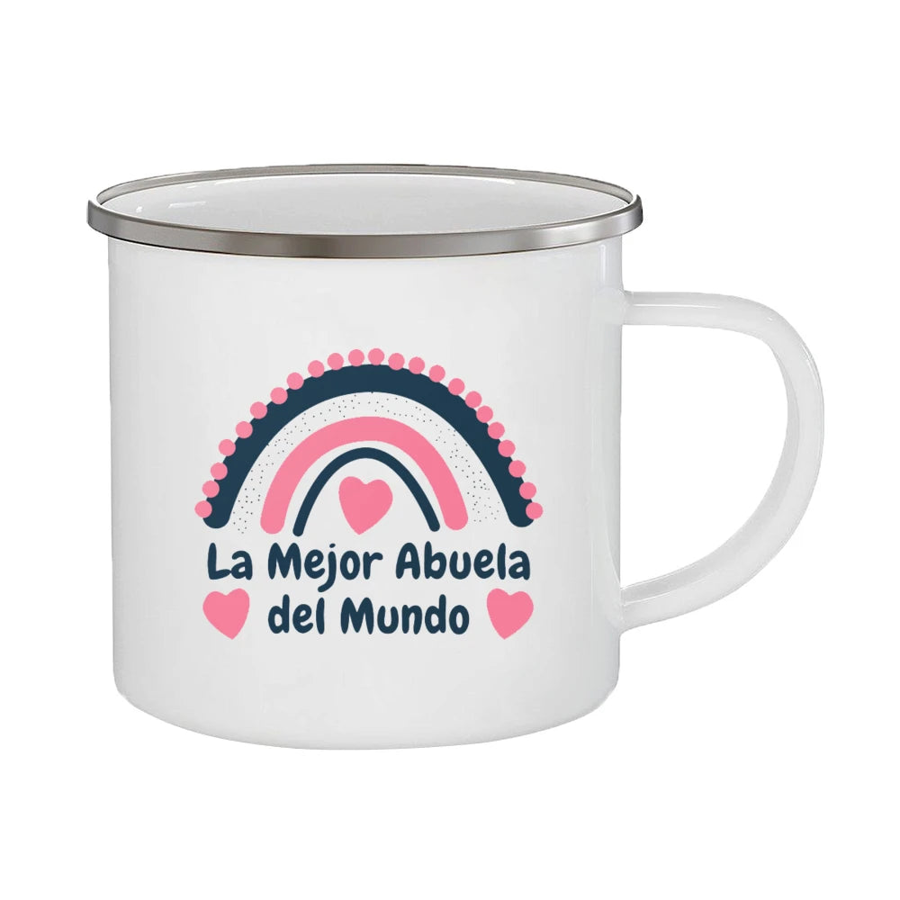 Best Grandmother in The World Spanish Print Enamel Coffee Mug Drinks Milk Cup Camping Mugs Best Birthday Holiday Gift for Abuela