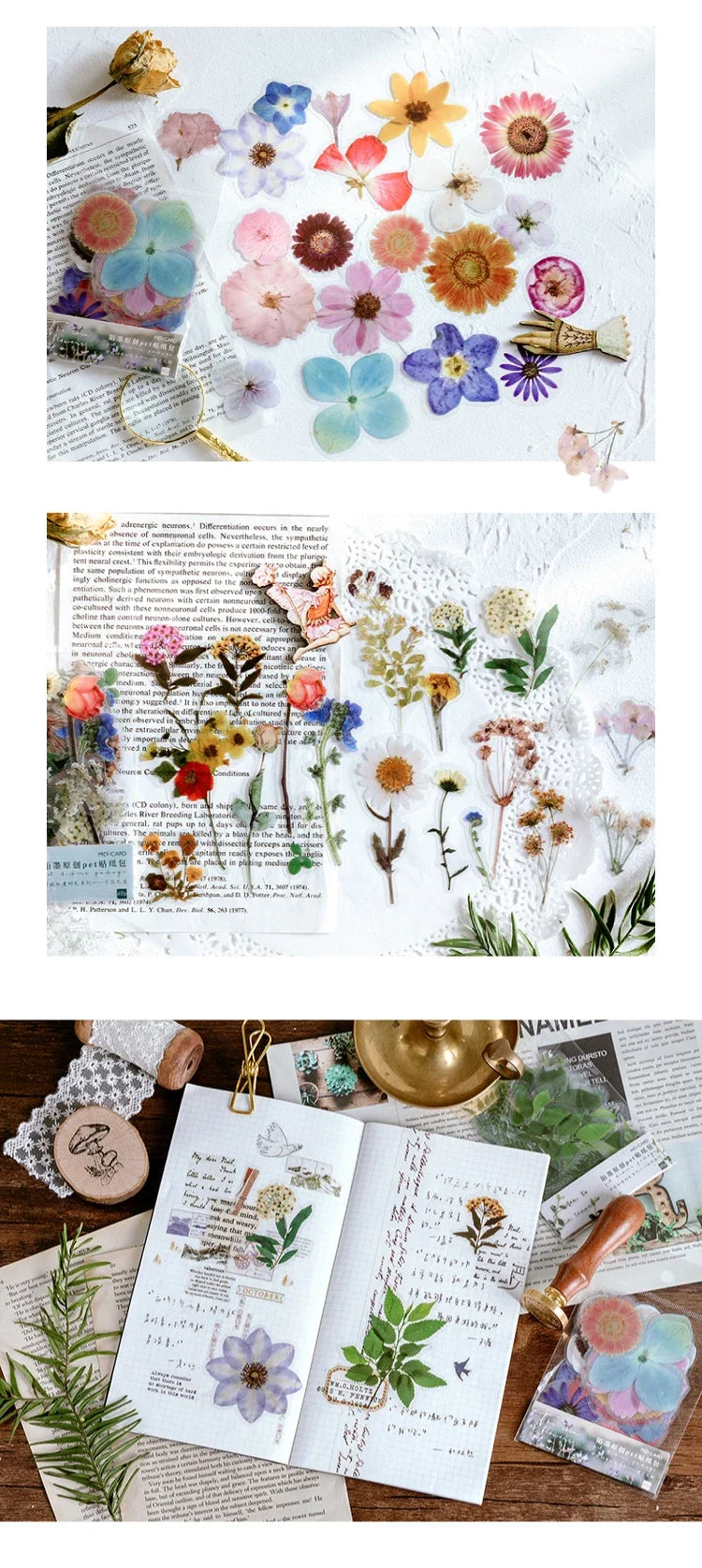 40pcs/pack PET Transparent Flowers Stickers DIY Deco Scrapbooking Junk Journal Plants Flowers Sticker Stationery Supplies