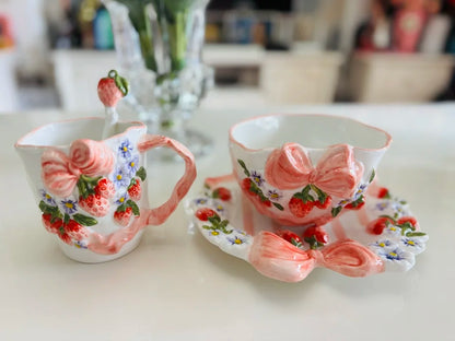 Vintage Berry Floral Bow Coffee Mug Set Creative Ceramic Tea Cup