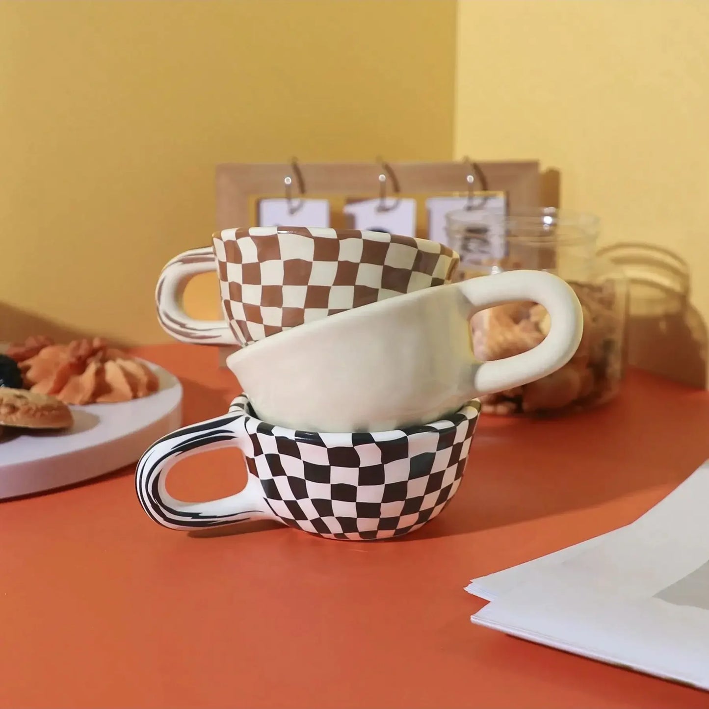 1pc-Creative Ceramic Checkered Pattern Tea Cup Irregular Chessboard Coffee Cup