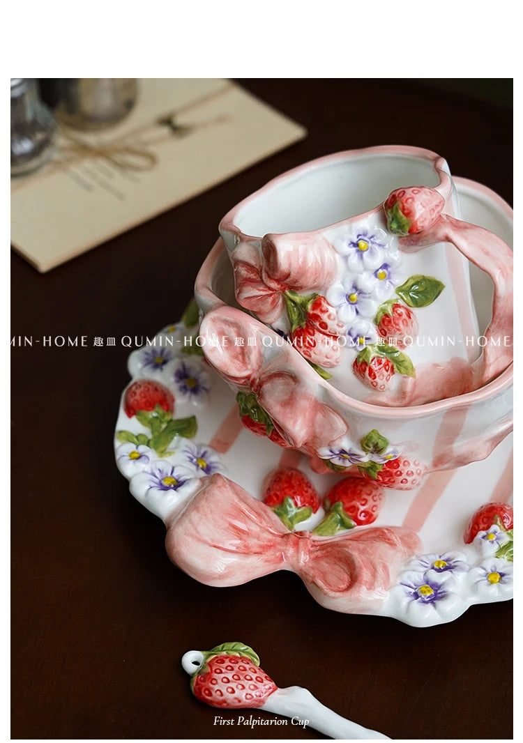 Vintage Berry Floral Bow Coffee Mug Set Creative Ceramic Tea Cup